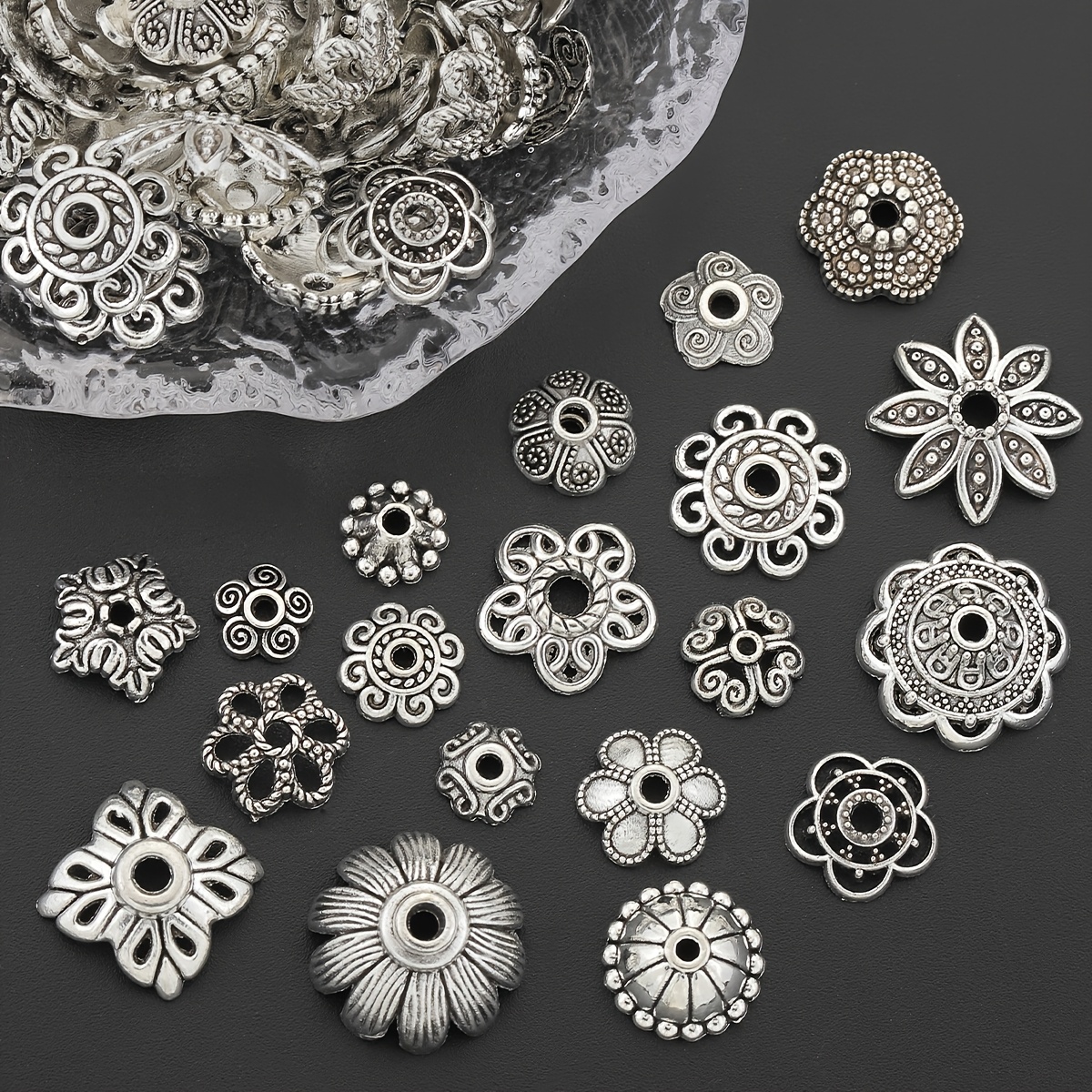 100pcs Alloy Bead Caps in Assorted Flower Petal Designs